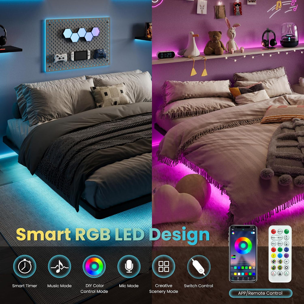 SHA CERLIN Floating Bed Frame King Size with Smart LED Lights and Charging Station, Heavy Duty Metal Platform Bed with Modern Design,No Box Spring Needed, Easy Assembly, Matte Black