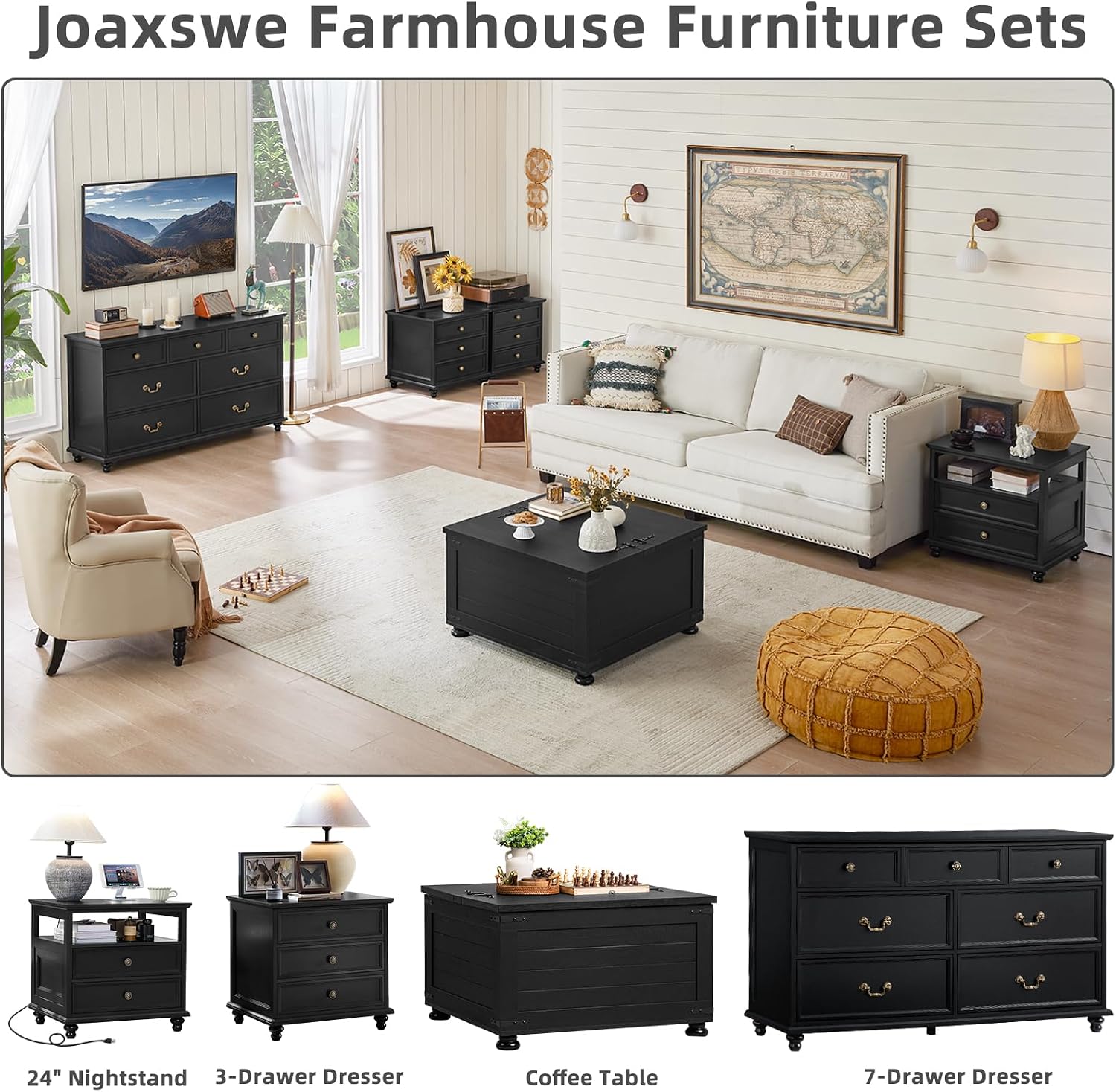 Joaxswe Farmhouse Furniture Set, Nightstands Set of 2 and 7 Drawers Dresser for Bedroom, 54 Inch Wide Wood Dresser and 24' Night Stands with Charging Station for Bedroom, Living Room, Hallway