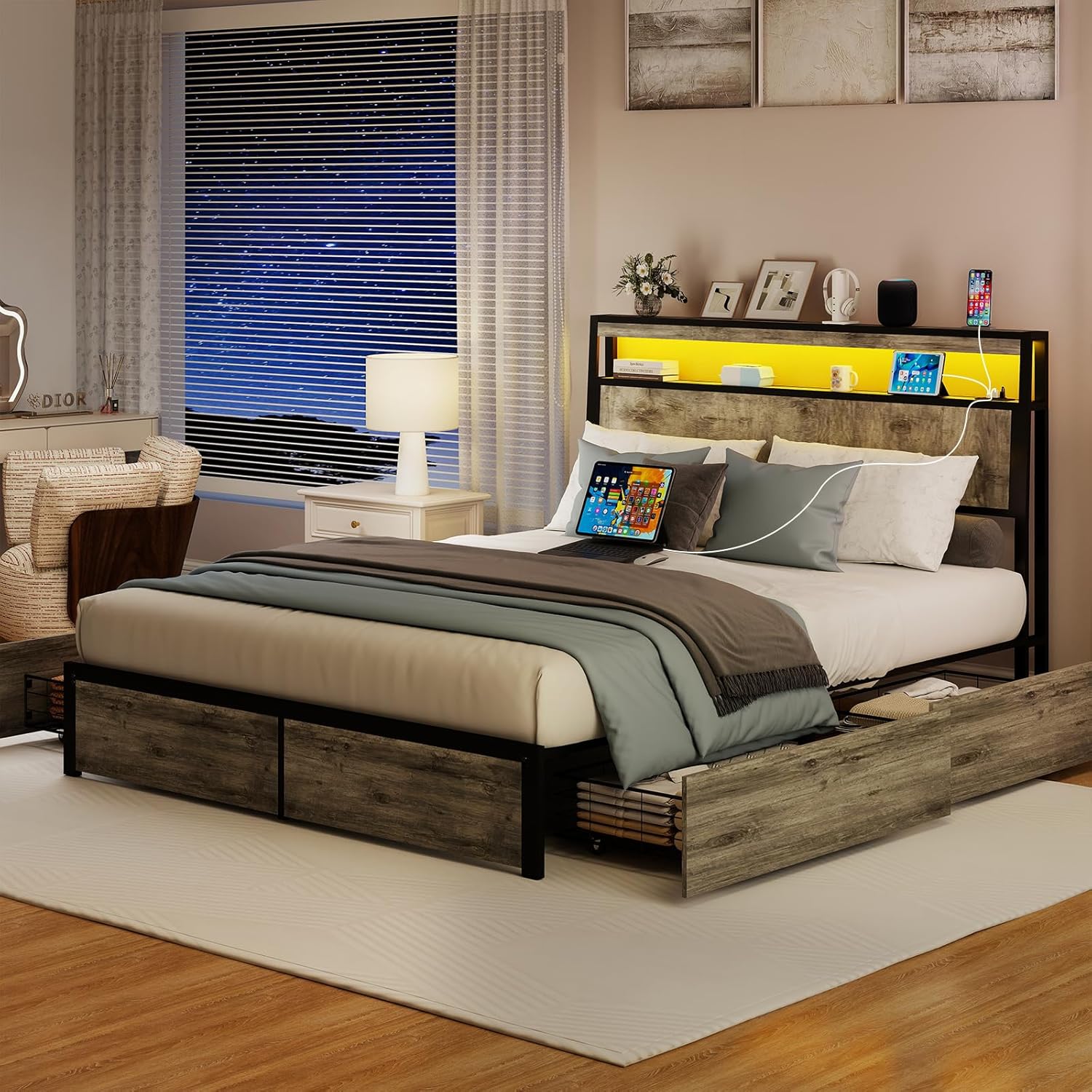 SADENICEL Queen Bed Frame with Storage Headboard, Metal Platform Queen Size Bed Frame Wood with 4 Drawers, LED Light, Charging Station, No Box Spring Needed, Noise Free, Easy Assembly, Grey