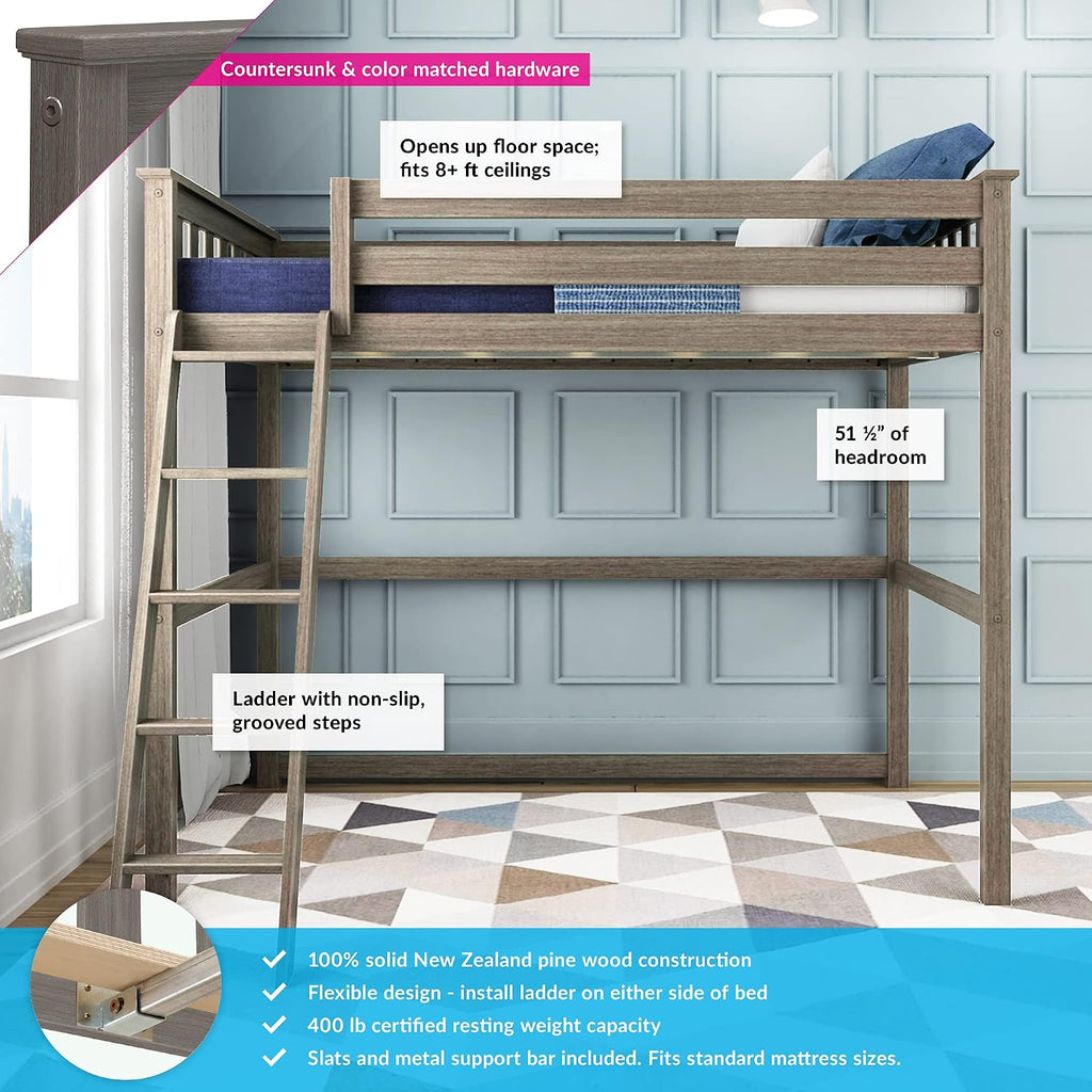 Max & Lily High Loft Bed, Twin Bed Frame for Kids, Clay