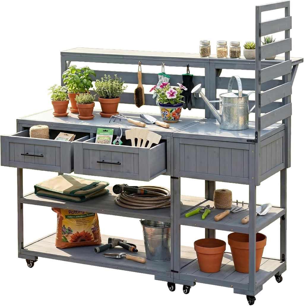 Patio Potting Bench Table with Stainless Table Top, Outdoor Large Garden Workstation on Wheels with Raised Shelf and Drawers for Backyard (Gray)