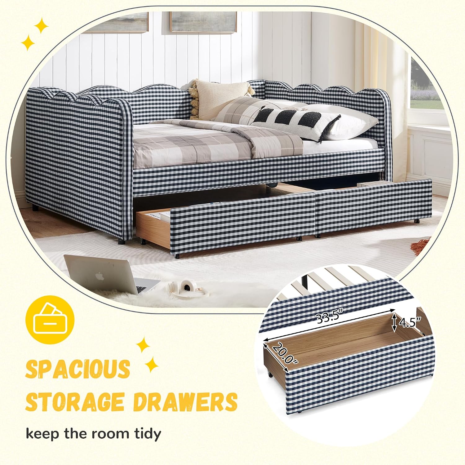 DEINPPA Full Size Upholstered Daybed with 2 Storage Drawers, Gingham Daybed with USB Ports for Bedroom Living Room Guest Room-Navy