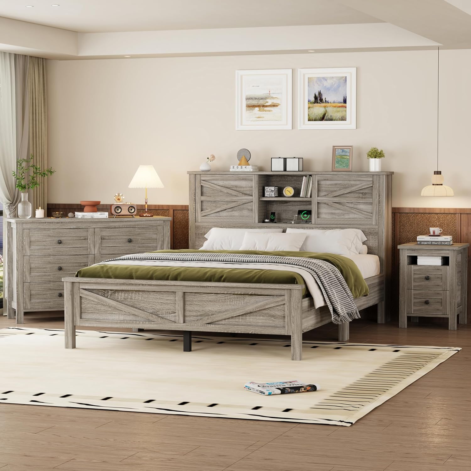 LUMISOL 3-Piece Queen Size Bedroom Set, Rustic Wooden Platform Bed with Storage Headboard & Charging Stations, a Nightstand and Dresser, Queen Size Farmhouse Bedroom Furniture Set, Gray
