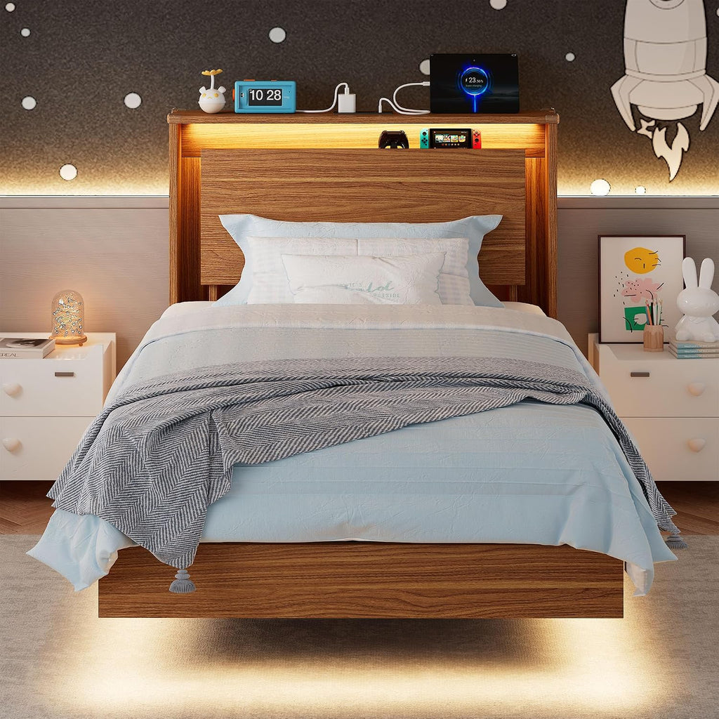 Einhomn Twin Bed Frame with Storage Headboard & LED Lights – Wood Floating Bed Frame with Charging Station, Non-Slip Slat, Kick-Free & Noise-Free Design, Easy Assembly, Walnut