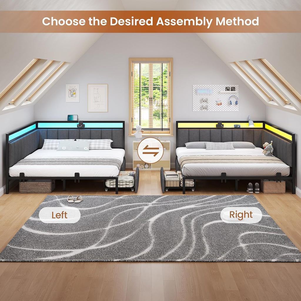 Hasuit Queen Corner Bed Frame with Storage Drawers, Queen Daybed with Line Fabric Upholstered Fence, Kids Bed Unit with LED Light and Charging Station, Modern Bed Frame Queen Size, Gray