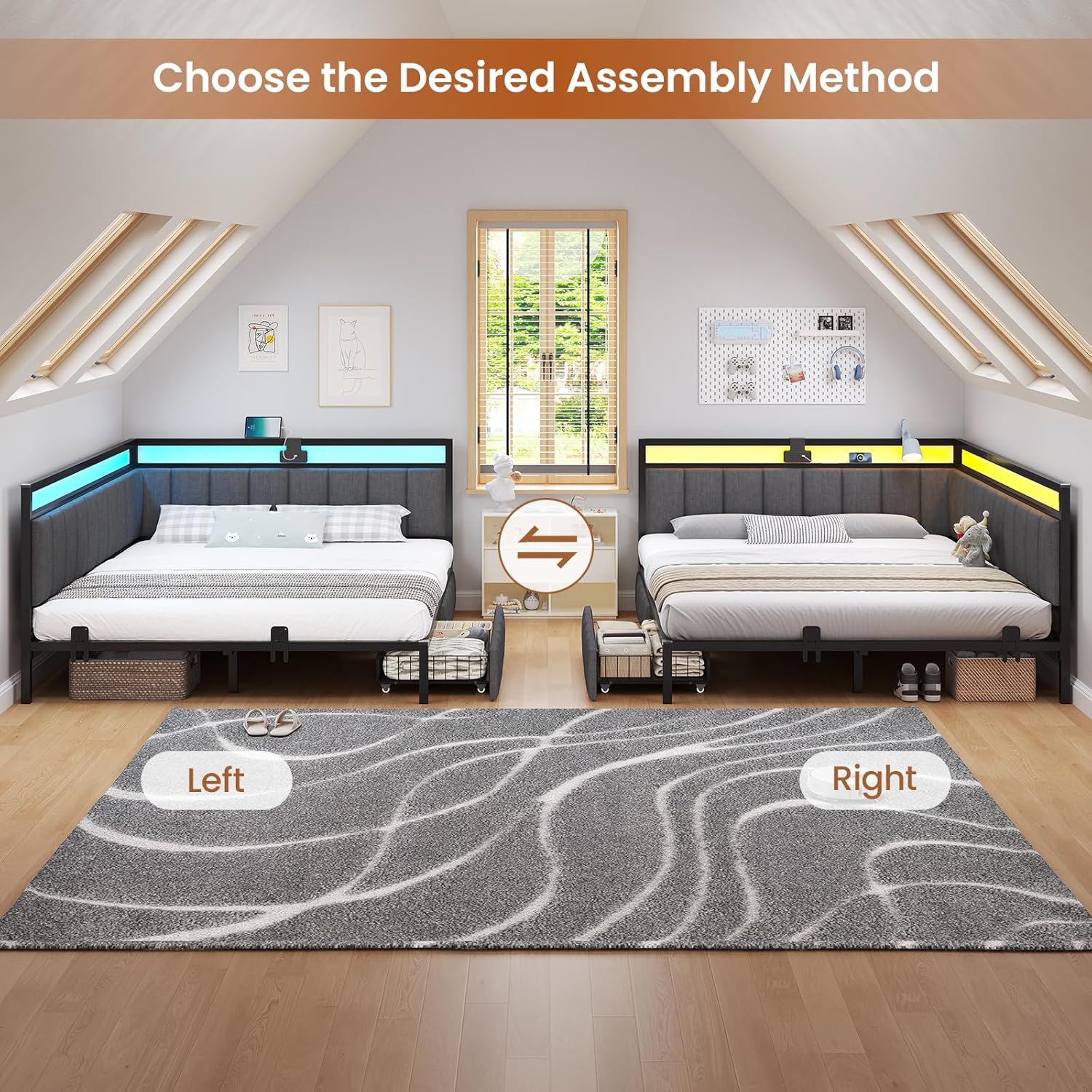 Hasuit Queen Corner Bed Frame with Storage Drawers, Queen Daybed with Line Fabric Upholstered Fence, Kids Bed Unit with LED Light and Charging Station, Modern Bed Frame Queen Size, Gray