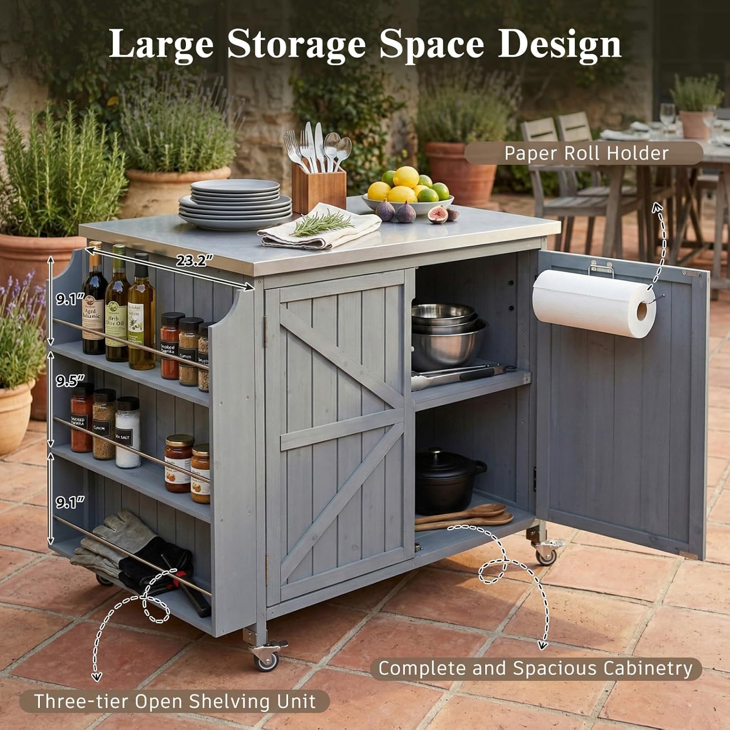 42.1' Outdoor Grill Cart with Storage, Small Kitchen Island with Stainless Steel Top, Side Shelf & Adjustable Shelf, Mobile Bar Cart with Storage and Locking Wheels (Grey+Blue)