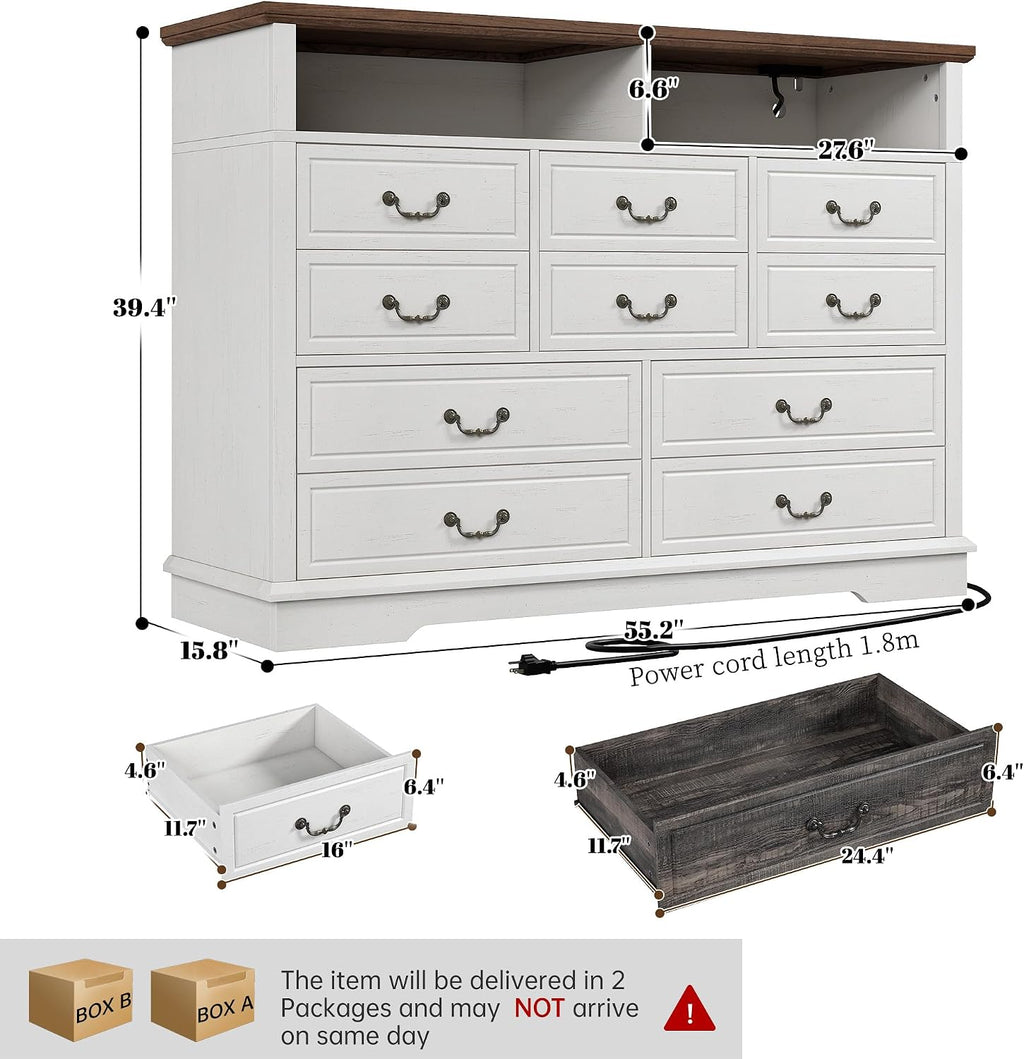 EnHomee 10 Drawers Dresser for Bedroom 55.2''Wide Wood Dresser White with LED & Power Outlet Large Space Saver & Chests of Drawers for Hallway, 55.2' W x 39.4' H x15.8 D