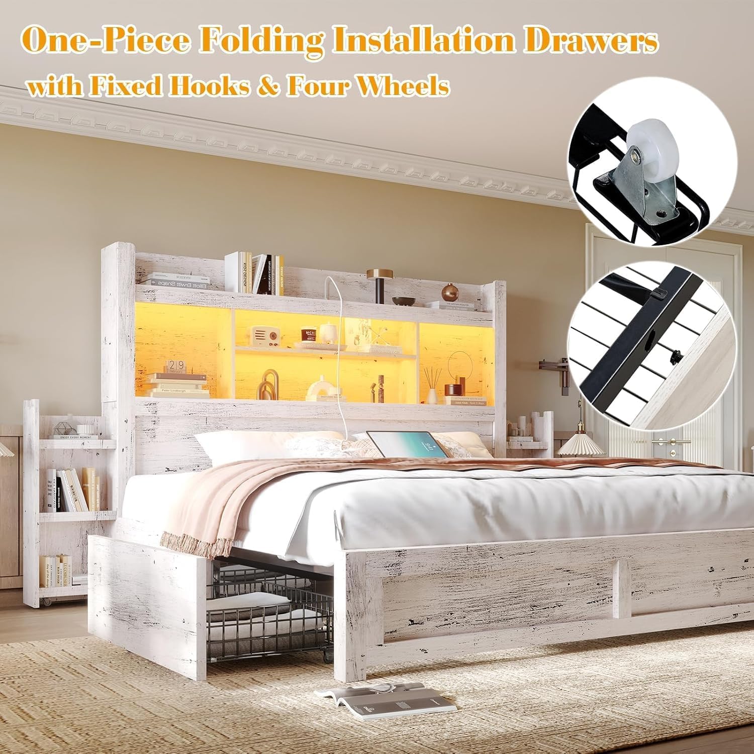 LUXOAK California King Bed Frame with 49.6' Bookcase Headboard & 2 Bedside Stoage Racks & 4 Drawers, Farmhouse Wood Bed Frame with RGB LED & Charging Station, No Box Spring Needed, Distressed White