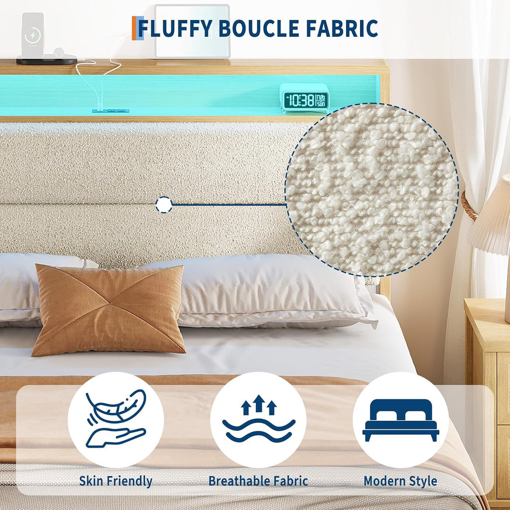 Garvee Queen Size Boucle Bed Frame with Headboard and LED Lights, Upholstered Platform Bed Frame with Charging Station and 2-Tier Storage Shelves, No Box Spring Needed, Easy Assembly, Cream