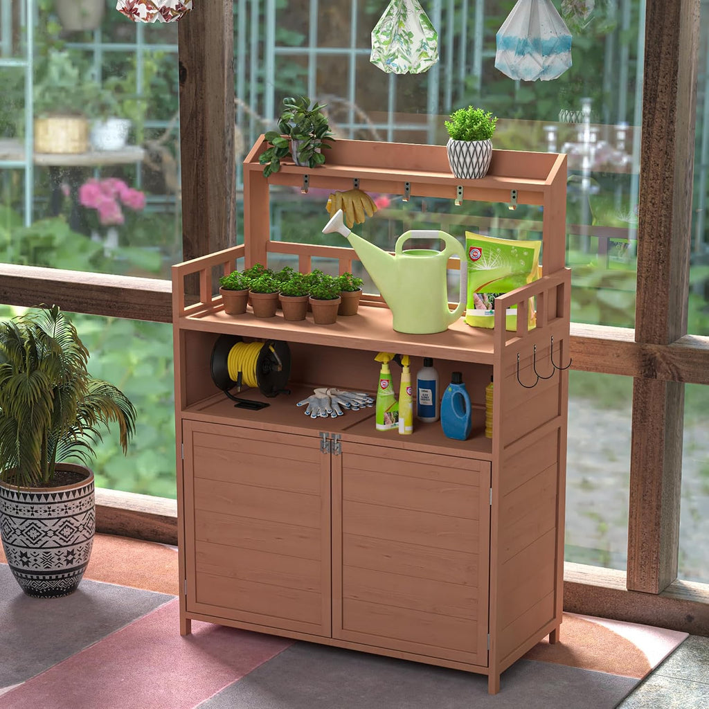 Linique Outdoor Potting Bench Wood Gardening Table with Storage Cabinet and Shelves, Garden Planting Workstation with Hooks for Planting and Patio Use