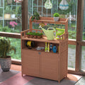 Linique Outdoor Potting Bench Wood Gardening Table with Storage Cabinet and Shelves, Garden Planting Workstation with Hooks for Planting and Patio Use