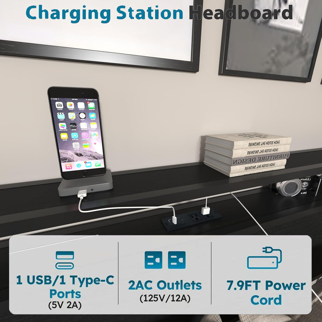 Bellemave Full Size Bed Frame with 2 Storage Drawers and Charging, Full Size Bed Frame with Headboard and Charging Station and with Led Lightstation, No Box Spring Needed, (Full, Black)