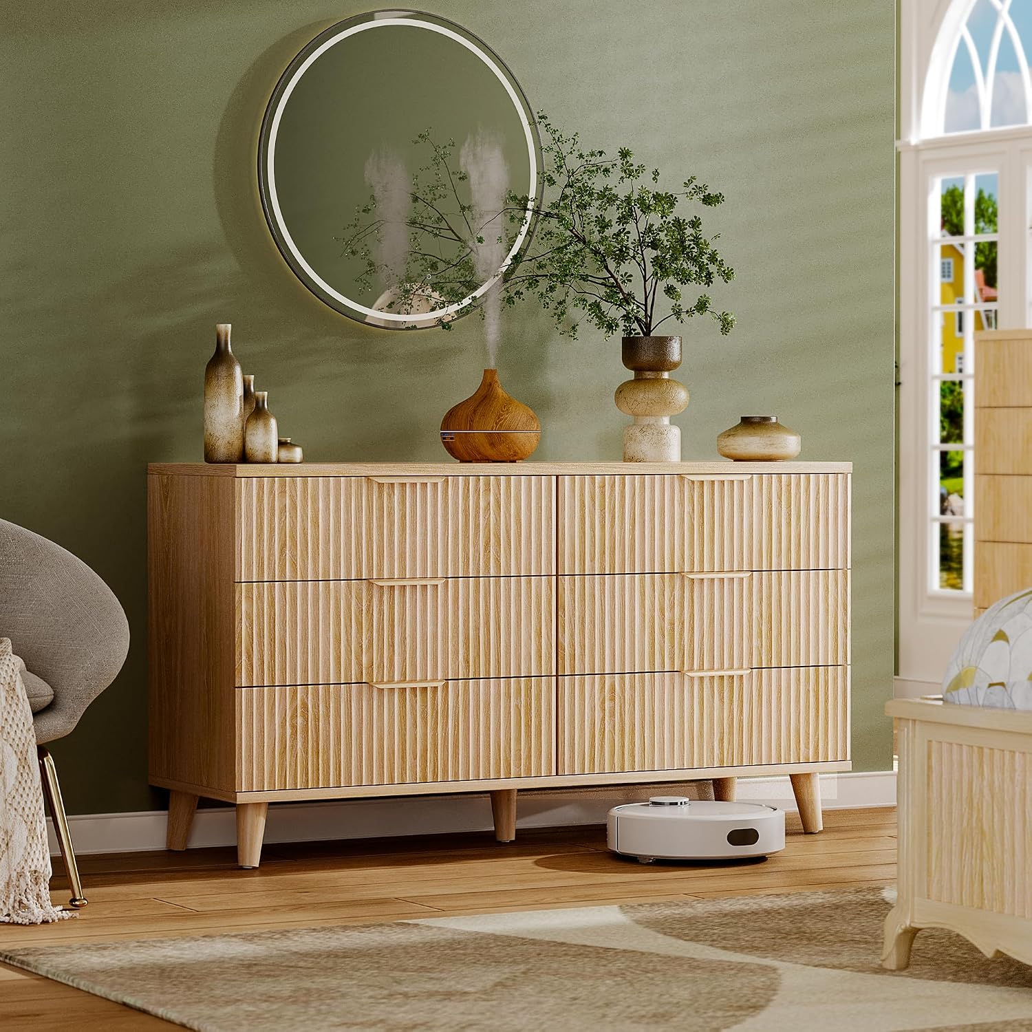 Lulive Dresser for Bedroom Wood Dressers Chest of Drawers, Fluted 53.2' Wide Modern Long Dresser TV Stand 6 Drawers for Bedroom, Closet, Living Room, Hallway (Natural)