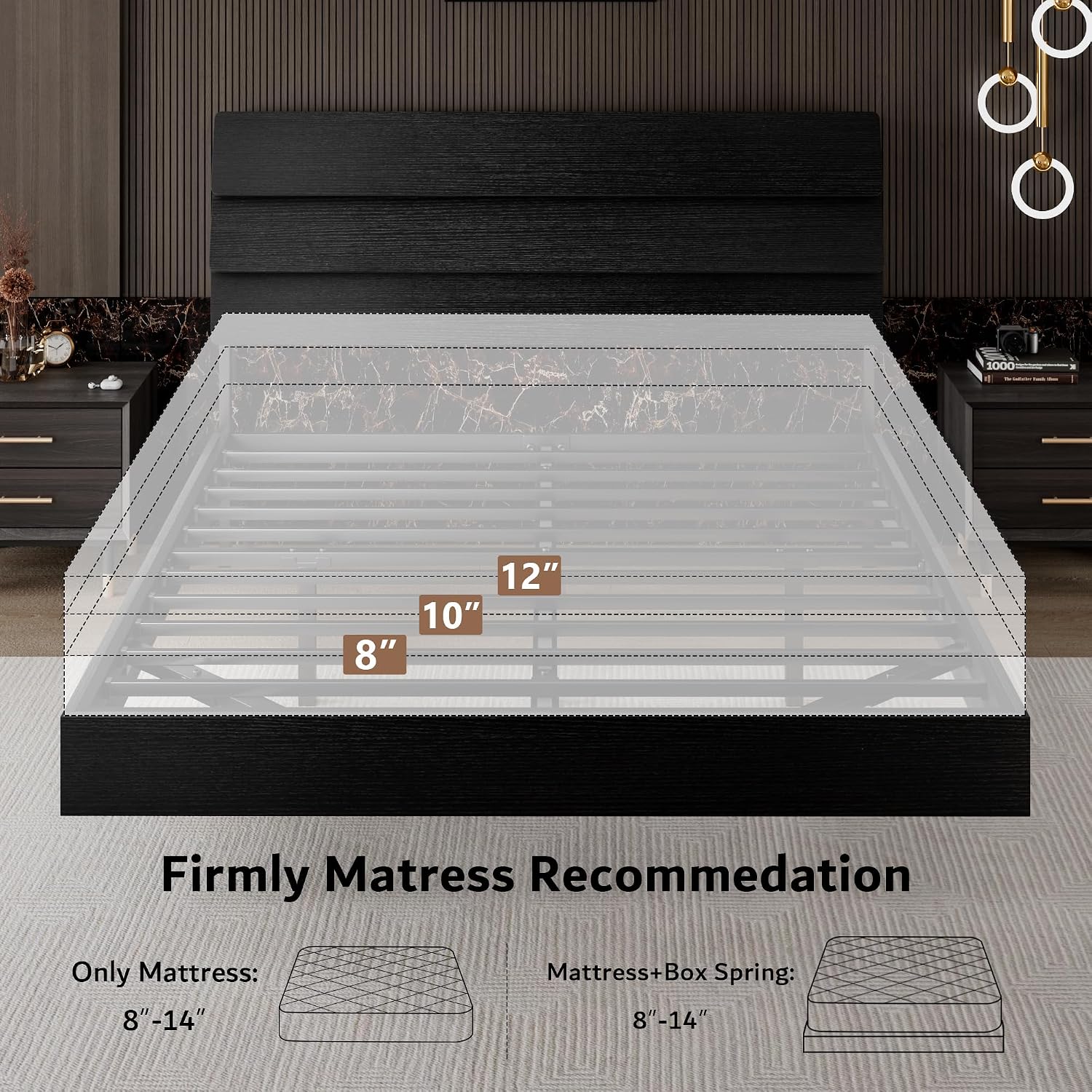 iPormis Queen Floating Bed Frame with LED Lights & Charging Station, Platform Bed with Wooden Storage Headboard, Steel Slats Support, No Box Spring Needed, Easy Assembly, Noise-Free, Black