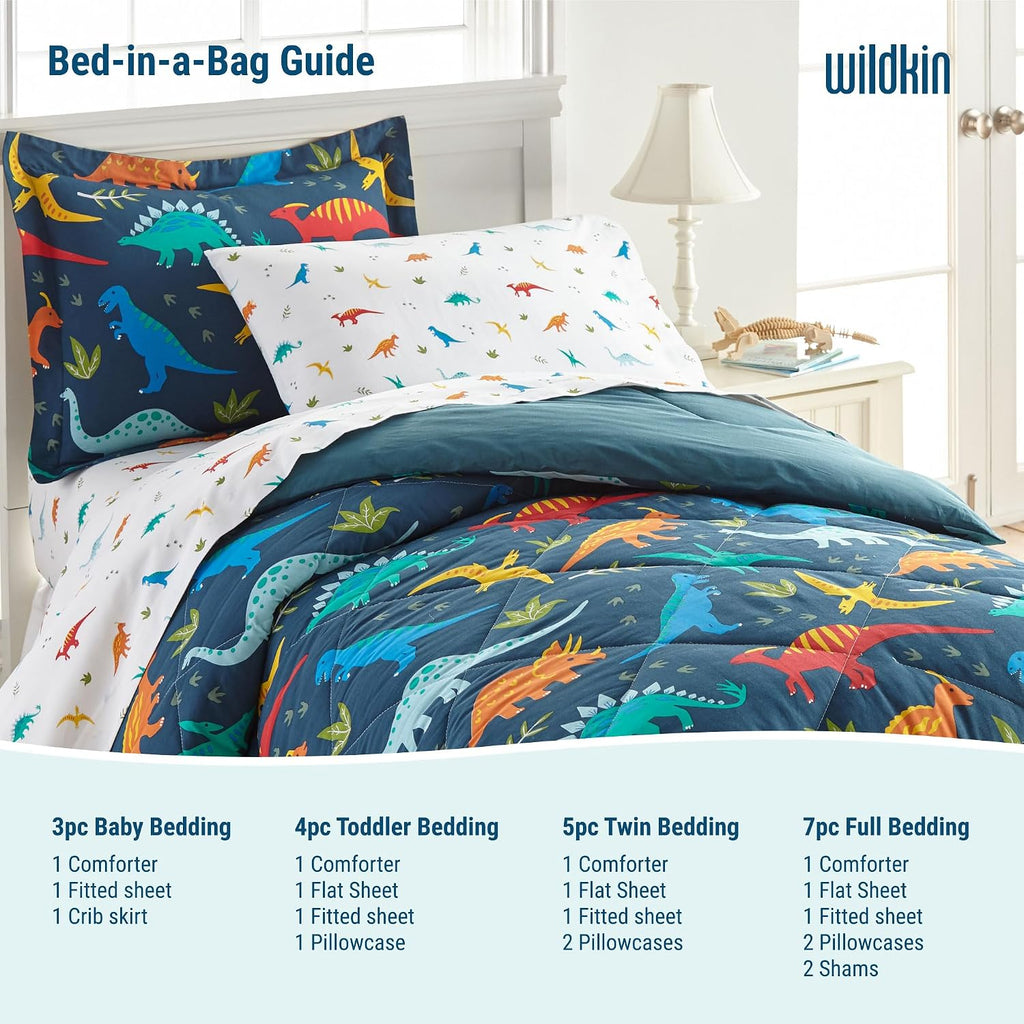 Wildkin 7-Piece Full Bedding Set – 100% Cotton Comforter, Sheets & Pillowcase for Cozy Cuddles (Dinosaur Land)