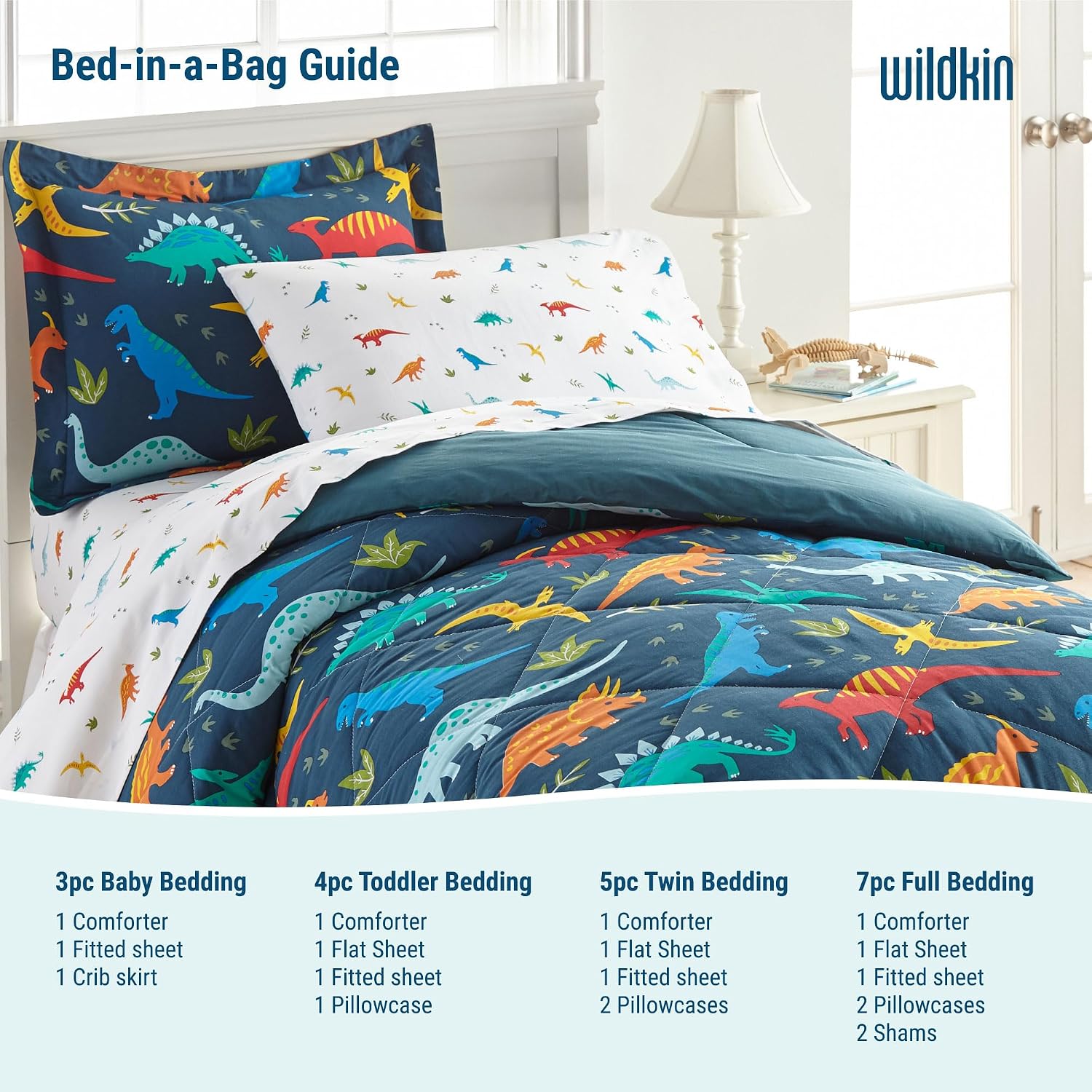 Wildkin 7-Piece Full Bedding Set – 100% Cotton Comforter, Sheets & Pillowcase for Cozy Cuddles (Dinosaur Land)