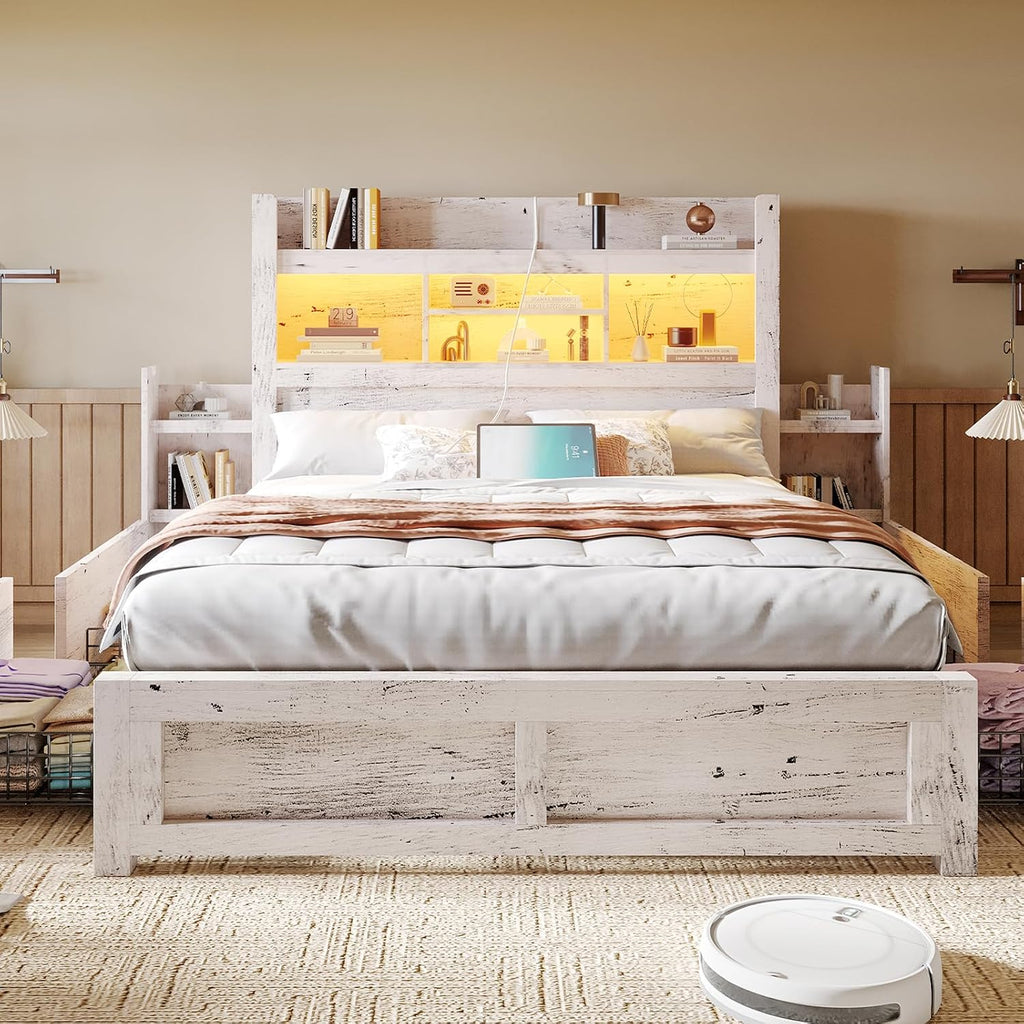 LUXOAK Full Bed Frame with 49.6' Bookcase Headboard & 2 Detachable Bedside Stoage Racks & 4 Drawers, Farmhouse Wood Bed Frame with RGB LED & Charging Station, No Box Spring Needed, Distressed White