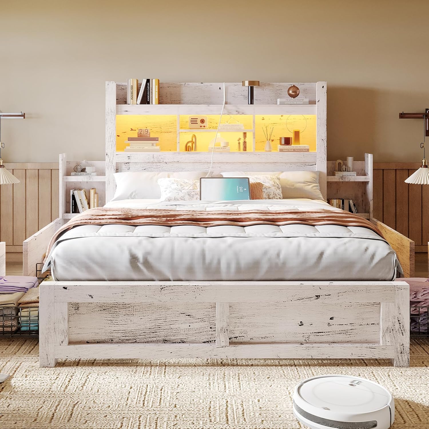LUXOAK Full Bed Frame with 49.6' Bookcase Headboard & 2 Detachable Bedside Stoage Racks & 4 Drawers, Farmhouse Wood Bed Frame with RGB LED & Charging Station, No Box Spring Needed, Distressed White