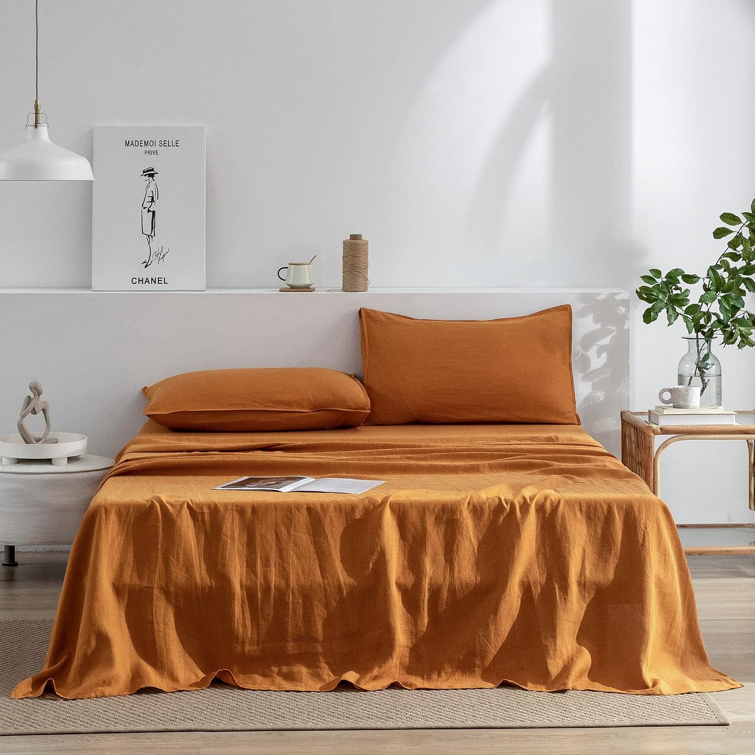 EVERLY Linen Sheets Set Full Size,100% French Stonewash Pure Linen Sheets Set,4Pieces (1Flat Sheet,1Fitted Sheet,2Pillowcase) Suitable for Hot Sleepers,16Inch Deep Pocket Natural Bedding Set-Caramel