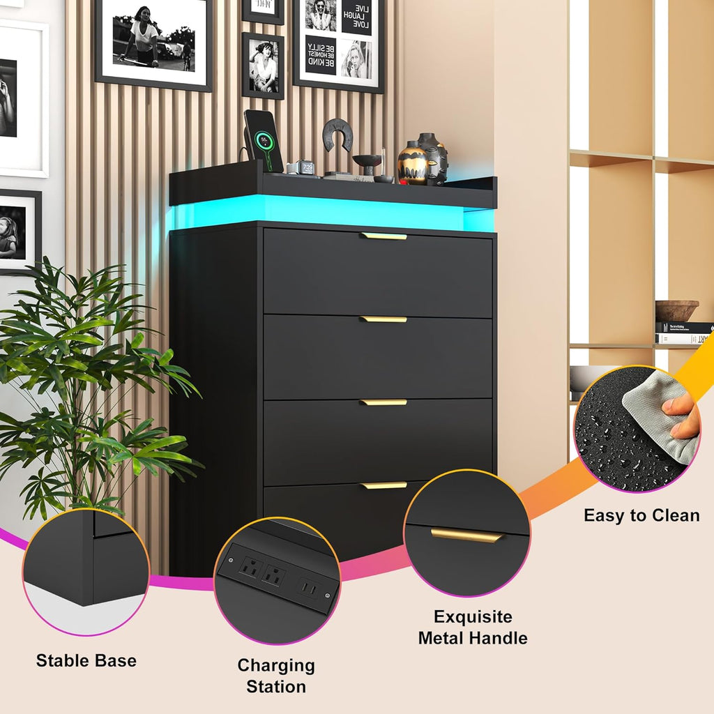 knoworld Tall Dresser for Bedroom, Black Dresser with LED Lights, Wood 5 Drawer Chest with Power Outlet, Modern Chest of Drawers for Bedroom, Living Room, Entryway, Hallway