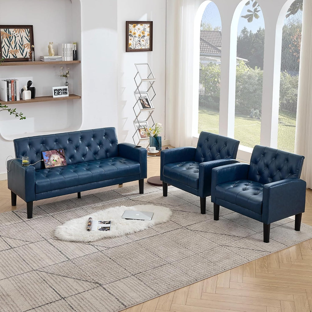 TYBOATLE 62' W Leather Loveseat w/Chairs, 3 Piece Sofa Sets for Living Room w/ 2 USB Charger Ports and 2 Cupholders, Living Room Furniture Sets of 3 (3, Blue)