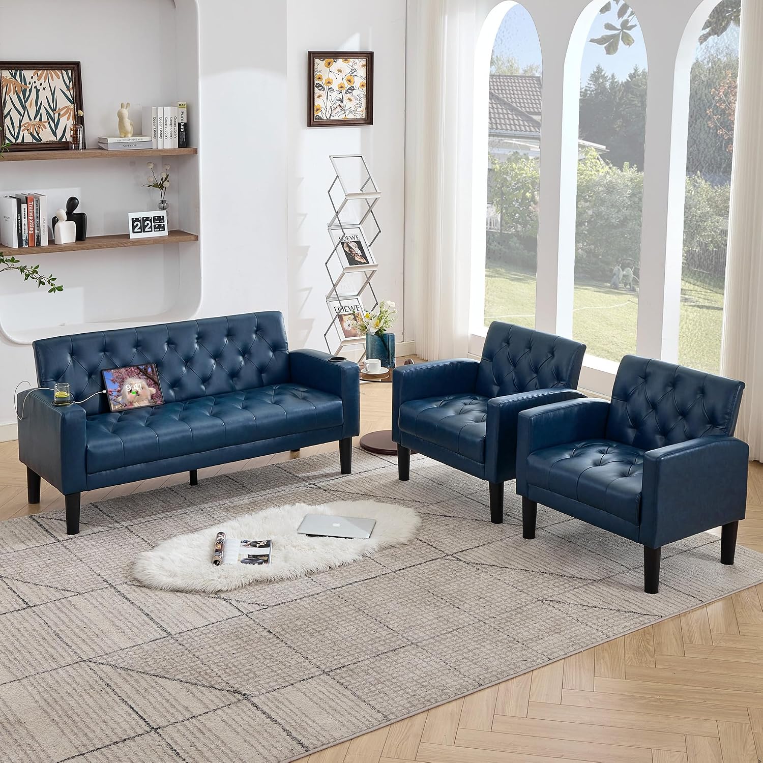 TYBOATLE 62' W Leather Loveseat w/Chairs, 3 Piece Sofa Sets for Living Room w/ 2 USB Charger Ports and 2 Cupholders, Living Room Furniture Sets of 3 (3, Blue)