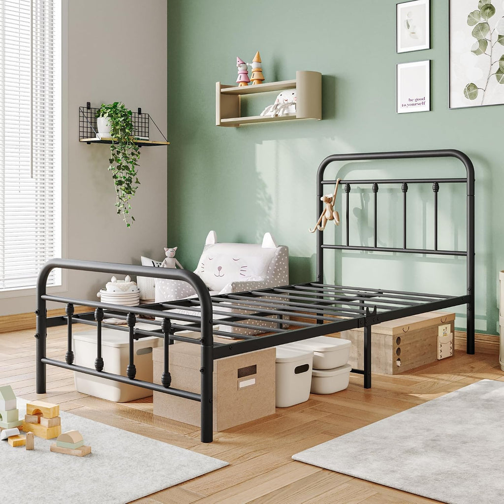 Vintage Twin Size Bed Frame with Headboard and Footboard Mattress Heavy Duty Metal Platform, Steel Slat Support (Twin, Black Sanded)
