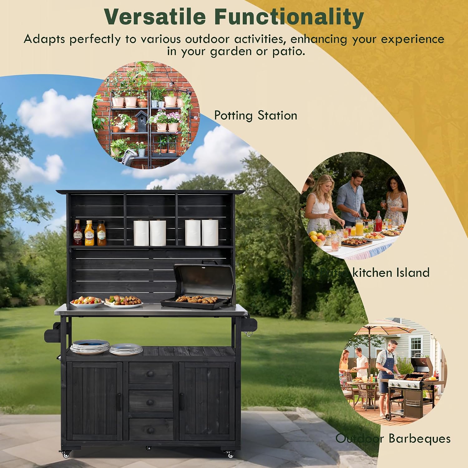 65' H Garden Potting Bench with Storage, Outdoor Wood Kitchen Island Stainless Steel Top, Lockable Wheels, Drawers, Door Shelves & Hutch for Patio Grilling Station, Black