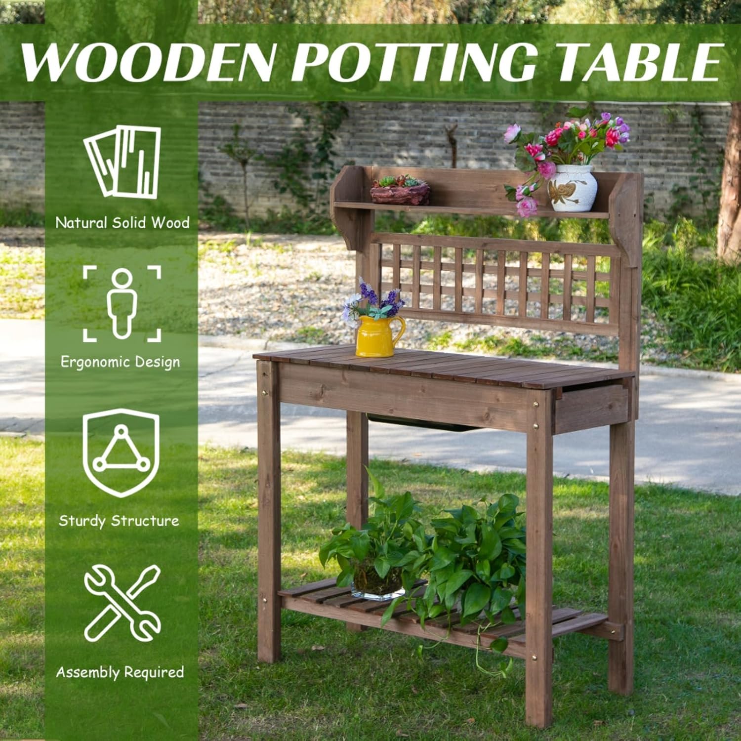 Wooden Outdoor Potting Bench Workstation Table with Storage Shelf, Dry Sink and Expandable Sliding Tabletop for Cutting and Potting Vegetables, Herbs, and Other Plants (Brown)