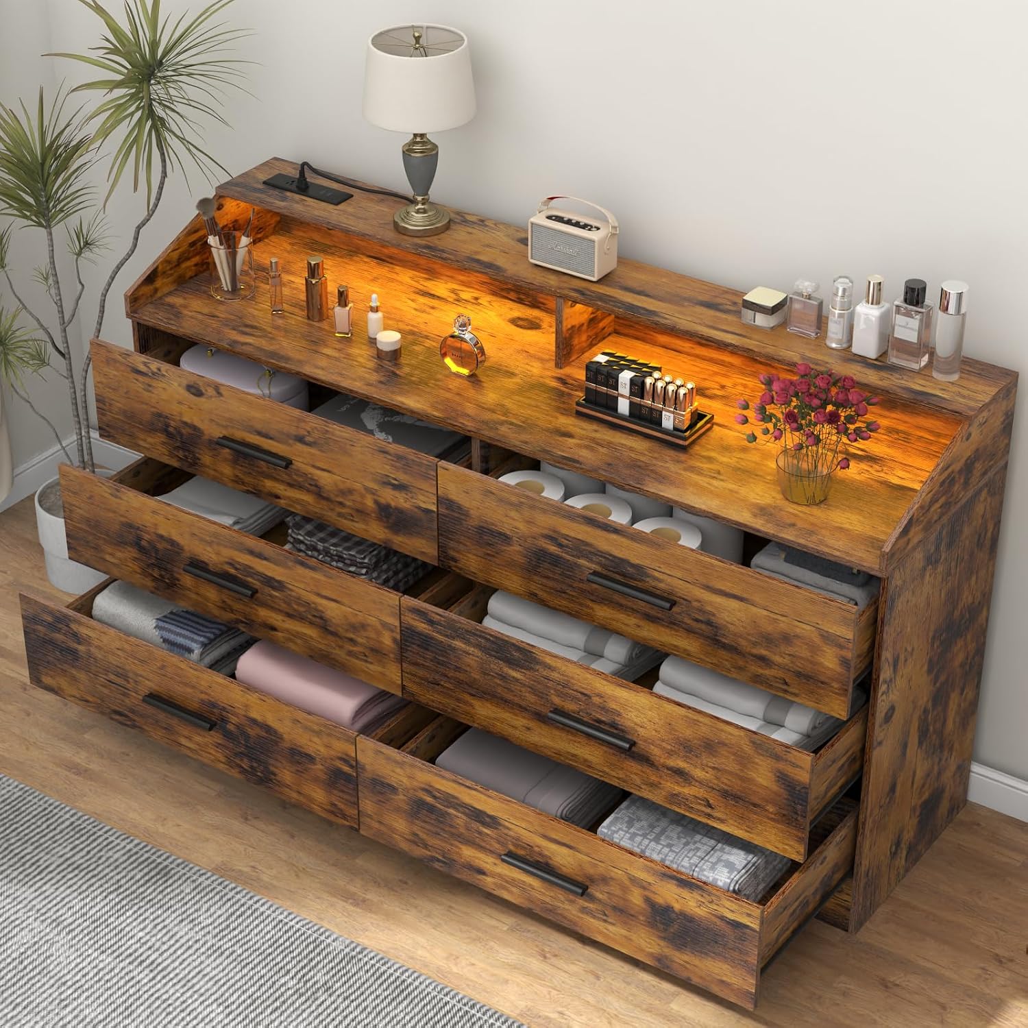 Gyfimoie 6 Drawer Dresser with Power Outlet, Chest of Drawers with LED Light, Modern Dresser with Open Storage Cubby, Double Wide Dressers Organizer for Bedroom, Living Room, Entryway, Hallway