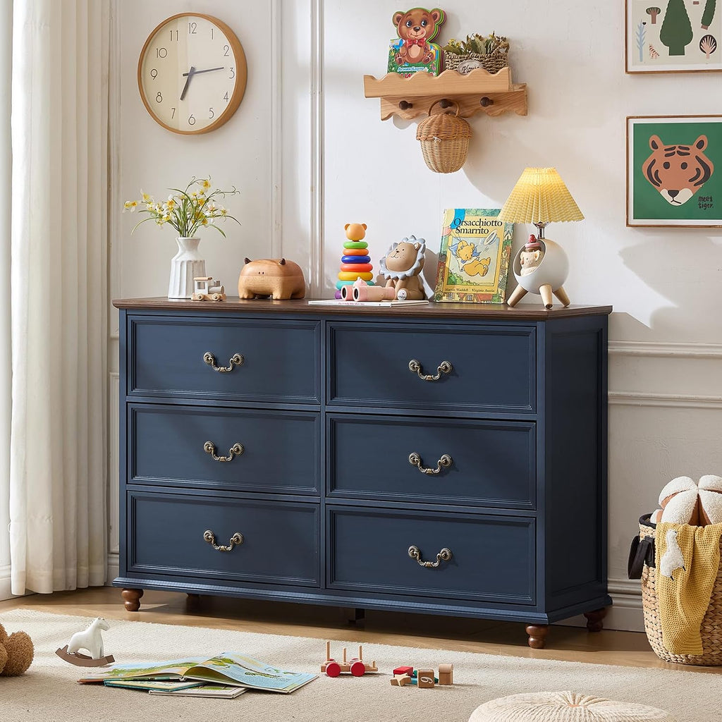 Joaxswe Farmhouse 6 Drawers Dresser for Bedroom, Vintage 54' Wide Chest of Drawers w/ 4 Wooden Legs, Rustic Large Closet Storage Dressers Organizer for Hallway, Wood TV Stand for Living Room, Blue
