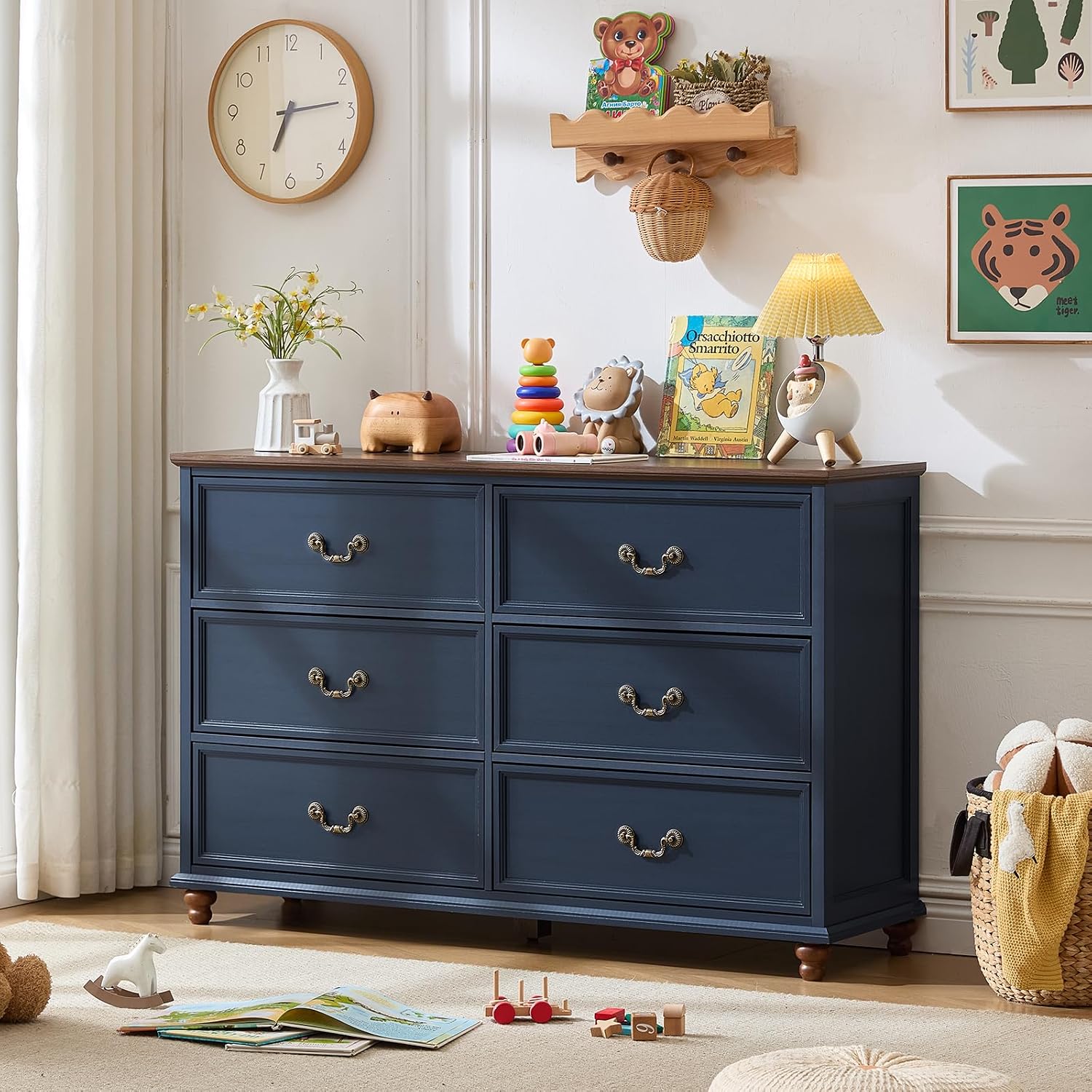 Joaxswe Farmhouse 6 Drawers Dresser for Bedroom, Vintage 54' Wide Chest of Drawers w/ 4 Wooden Legs, Rustic Large Closet Storage Dressers Organizer for Hallway, Wood TV Stand for Living Room, Blue