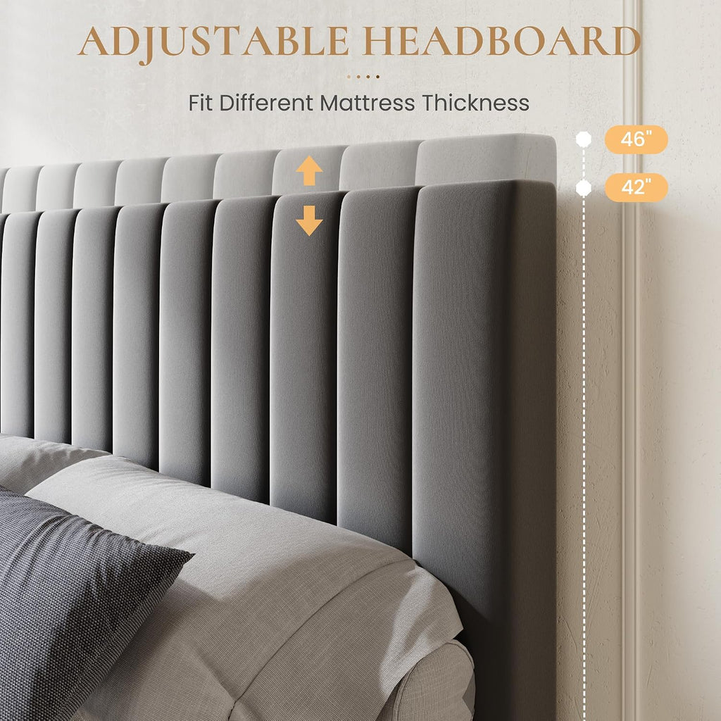SHA CERLIN Full Size Platform Bed Frame with 4 Storage Drawers, Vertical Channel Tufted Adjustable Headboard, Velvet Upholstered, Wooden Slats Support, No Box Spring Needed, Easy Assembly, Grey