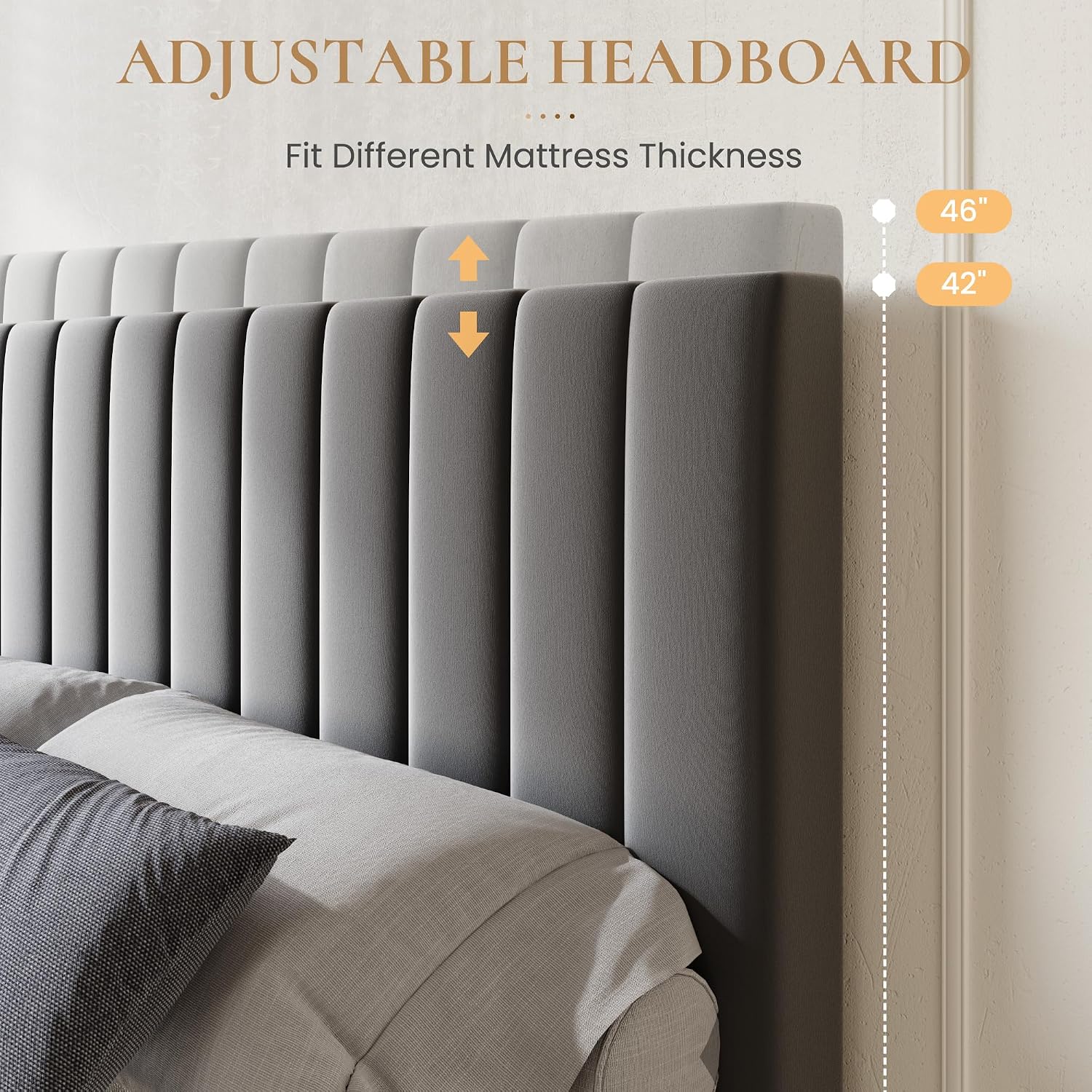 SHA CERLIN Full Size Platform Bed Frame with 4 Storage Drawers, Vertical Channel Tufted Adjustable Headboard, Velvet Upholstered, Wooden Slats Support, No Box Spring Needed, Easy Assembly, Grey