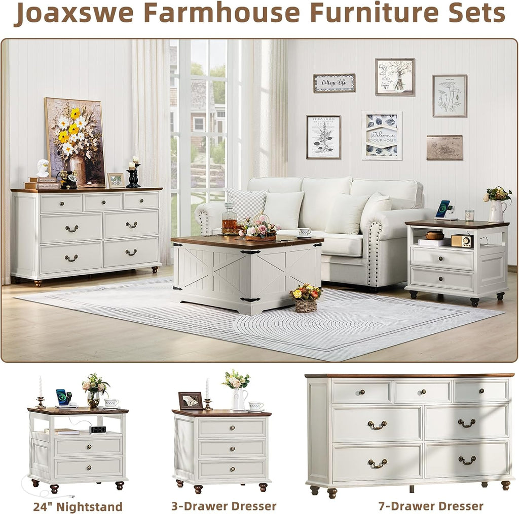 Joaxswe Farmhouse 54' 7 Drawers Dresser for Bedroom, White Wood Chest of Drawers w/ 4 Wooden Legs, Vintage Closet Storage Dressers Organizer for Hallway, Rustic Large TV Stand for Living Room, Foyer
