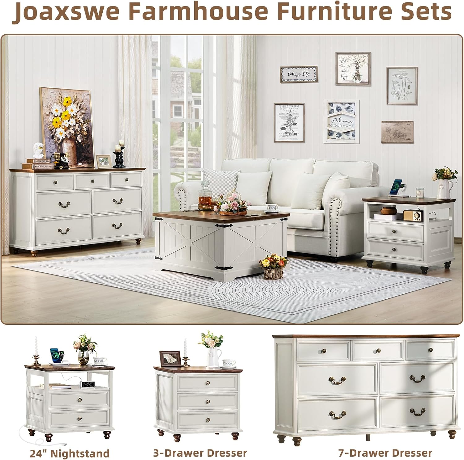 Joaxswe Farmhouse 54' 7 Drawers Dresser for Bedroom, White Wood Chest of Drawers w/ 4 Wooden Legs, Vintage Closet Storage Dressers Organizer for Hallway, Rustic Large TV Stand for Living Room, Foyer
