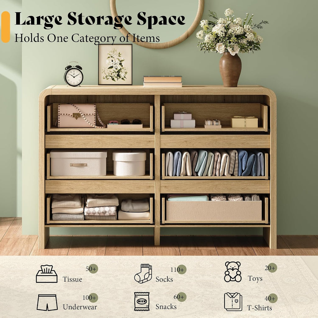 AMERLIFE 6 Drawer Dresser for Bedroom, 49' Wide Modern Storage Cabinet with Rounded Edges & Anti-Tip Kit, Wood Chest of Drawers for Closet, Hallway or Nursery, Easy Assembly, Light Oak Finish