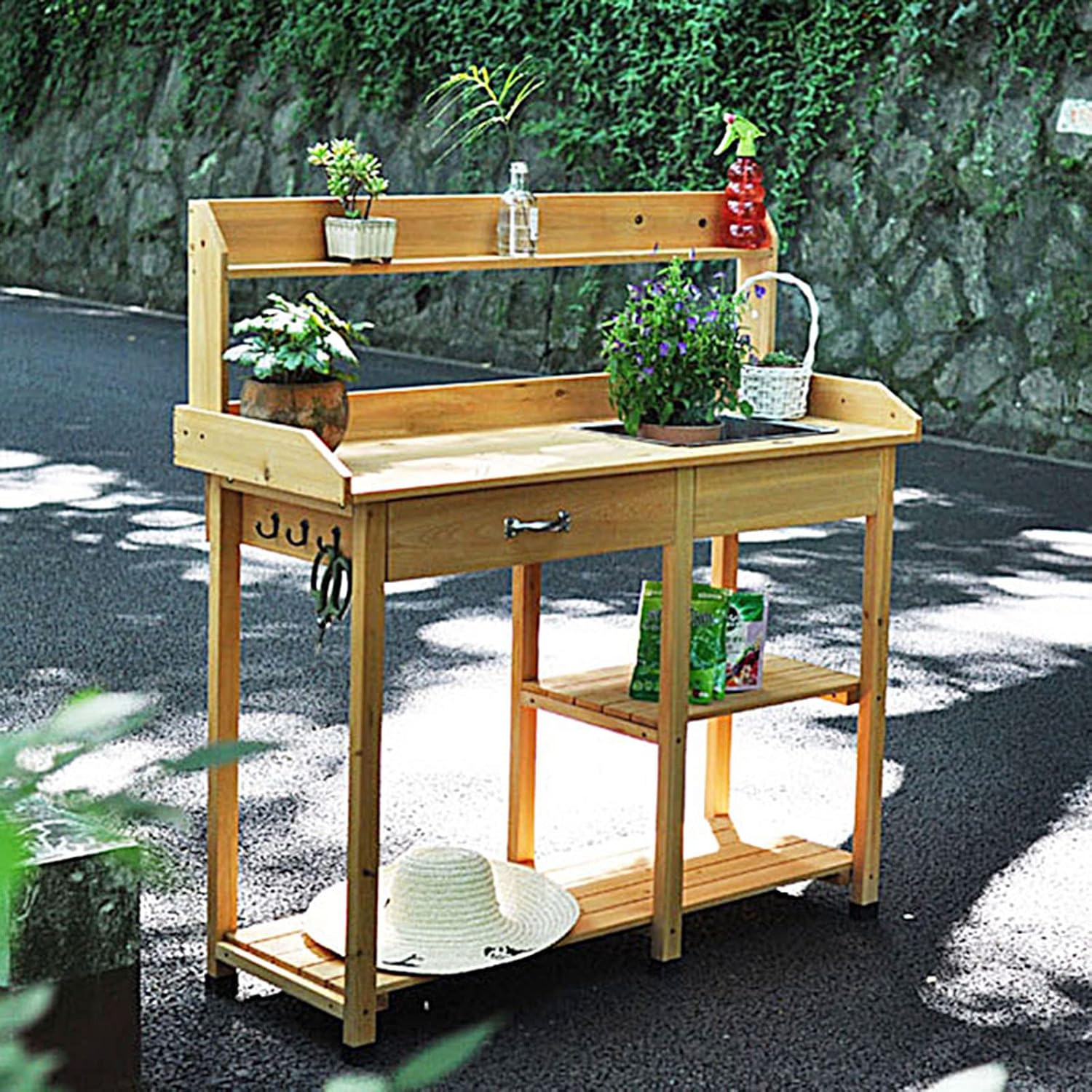 Garden Potting Bench, Fir Wood Outdoor Prep Station with Removable Sink, Drawer, and Hooks,Natural Wooden Work Station for Patio, Backyard and Porch (Yellow)