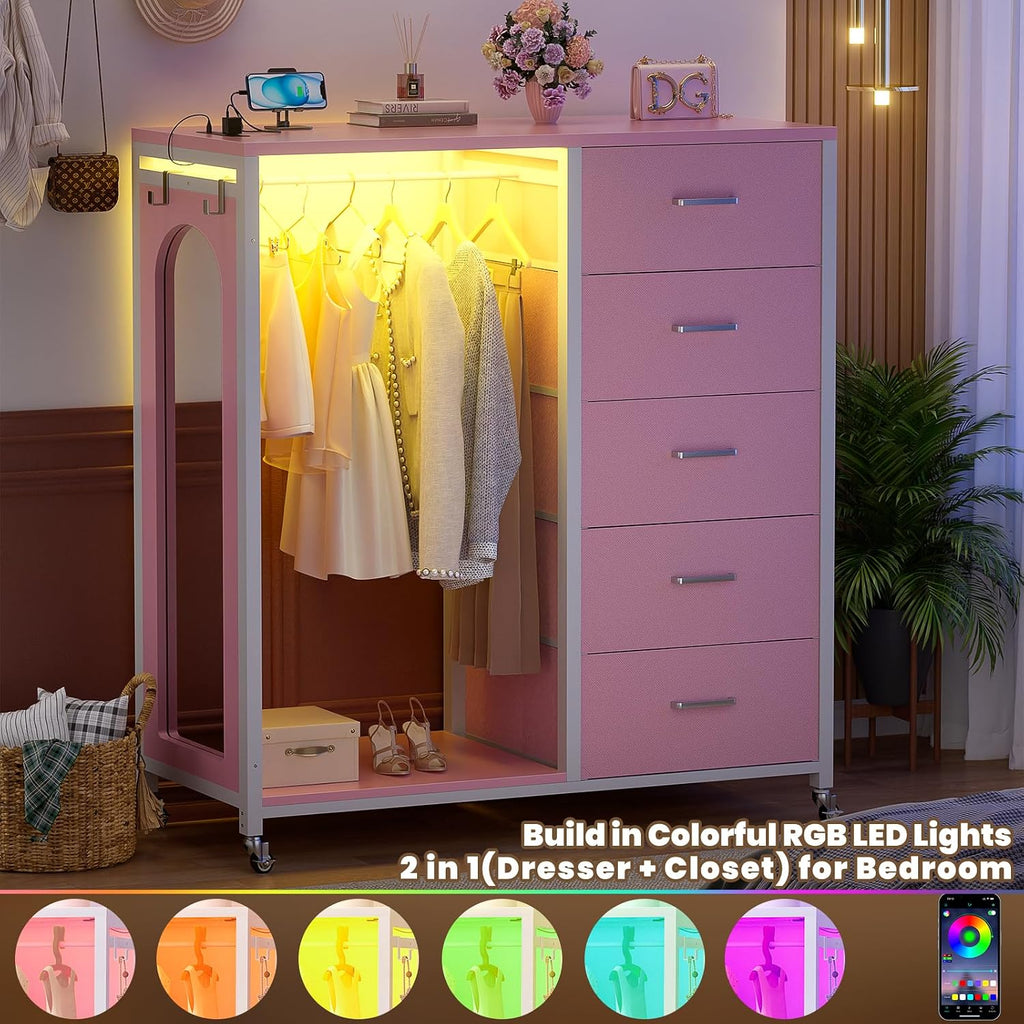 Cyclysio Dresser for Bedroom with Clothes Rack & Mirror, 5 Fabric Drawers Dresser with Charging Station & LED Lights, Rolling Chest of Drawers with Wheels, Full Length Mirror, Wooden Top, Closet