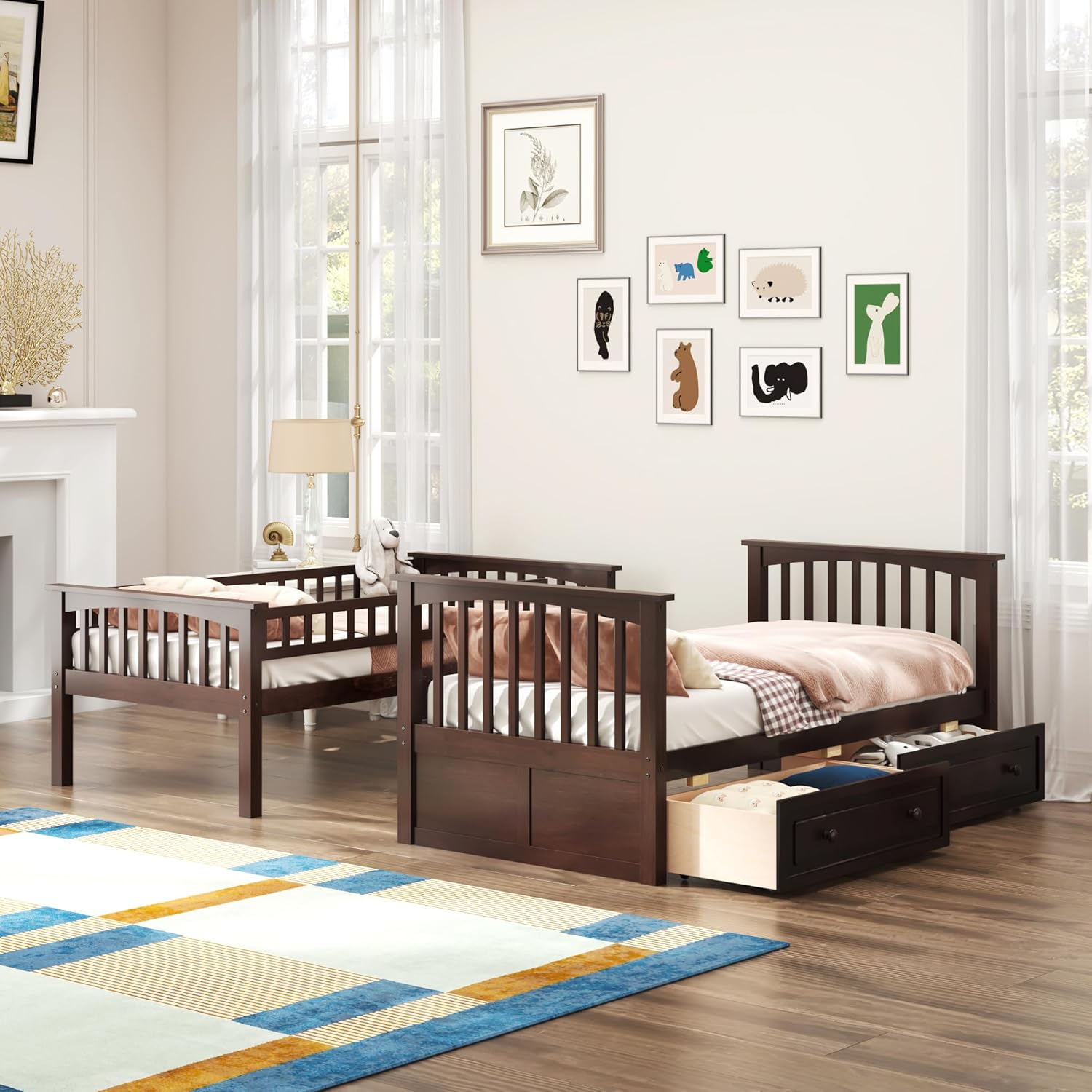 Harper & Bright Convertible Wood Twin-Over-Twin Bunk Bed with Storage Drawers and Ladder - Can Be Divided Into Two Daybeds,Espresso