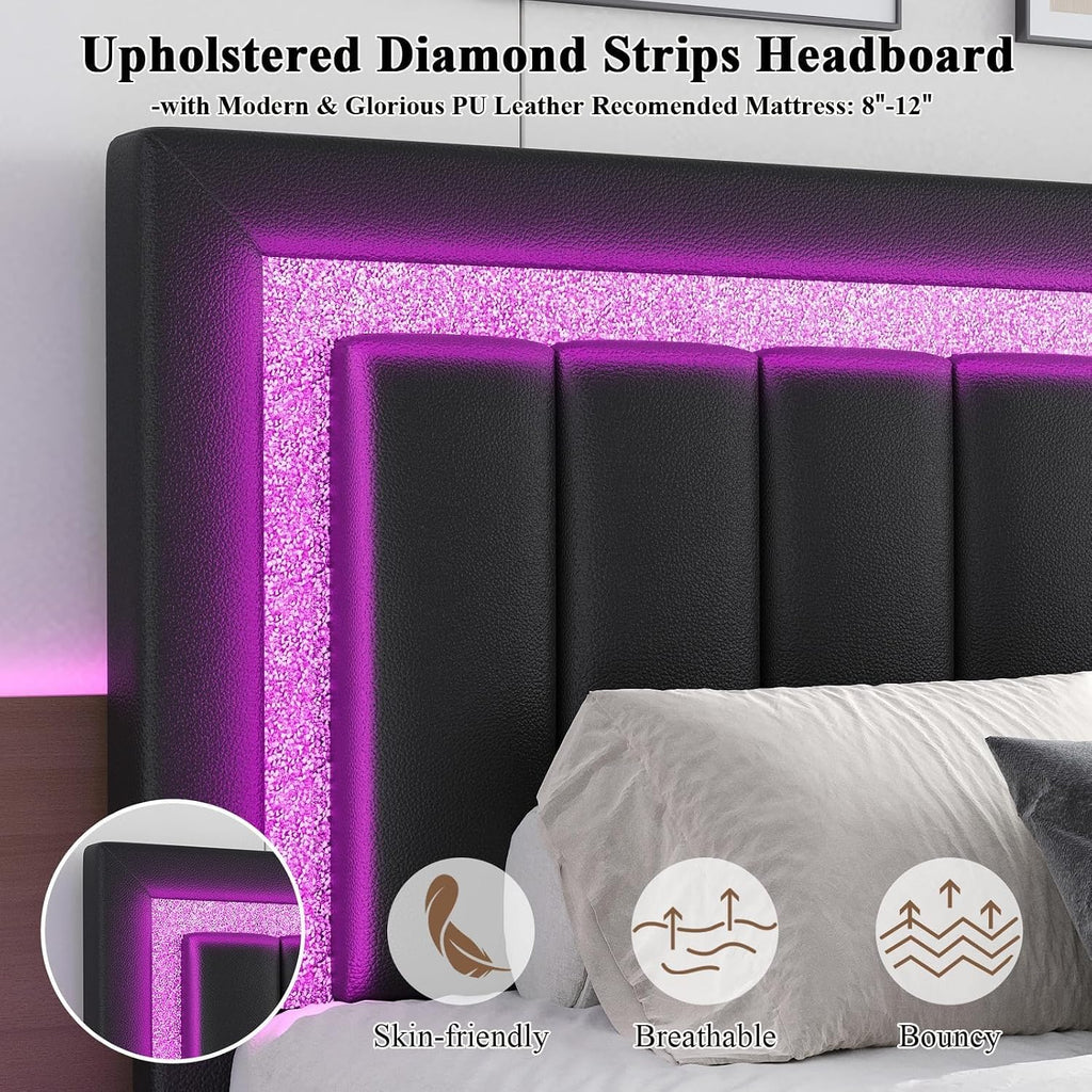 HOMBCK Floating Bed Frame Queen with Smart LED Lights, Faux Leather Upholstered Bed Frame Queen Size with Diamond Headboard, No Box Spring Needed, Noise Free, Easy Assembly, Black