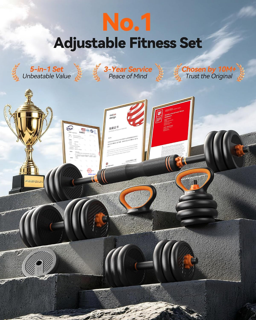 FEIERDUN DS2 Adjustable Dumbbells, 20/30/40/45/70/90lbs Free Weight Set with Connector, 5 in1 Dumbbells Set Used as Barbell, Kettlebells, Push up Stand, Weight Plate, Fitness Exercises for Home Gym Suitable Men/Women