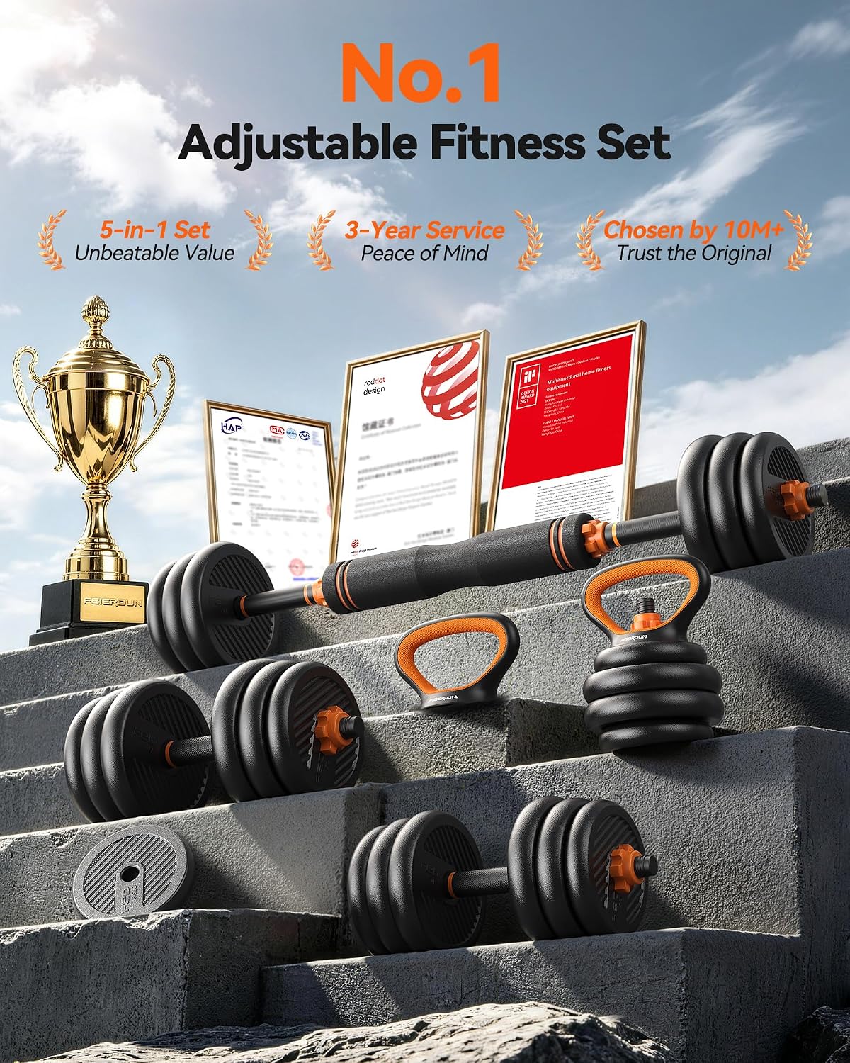 FEIERDUN DS2 Adjustable Dumbbells, 20/30/40/45/70/90lbs Free Weight Set with Connector, 5 in1 Dumbbells Set Used as Barbell, Kettlebells, Push up Stand, Weight Plate, Fitness Exercises for Home Gym Suitable Men/Women