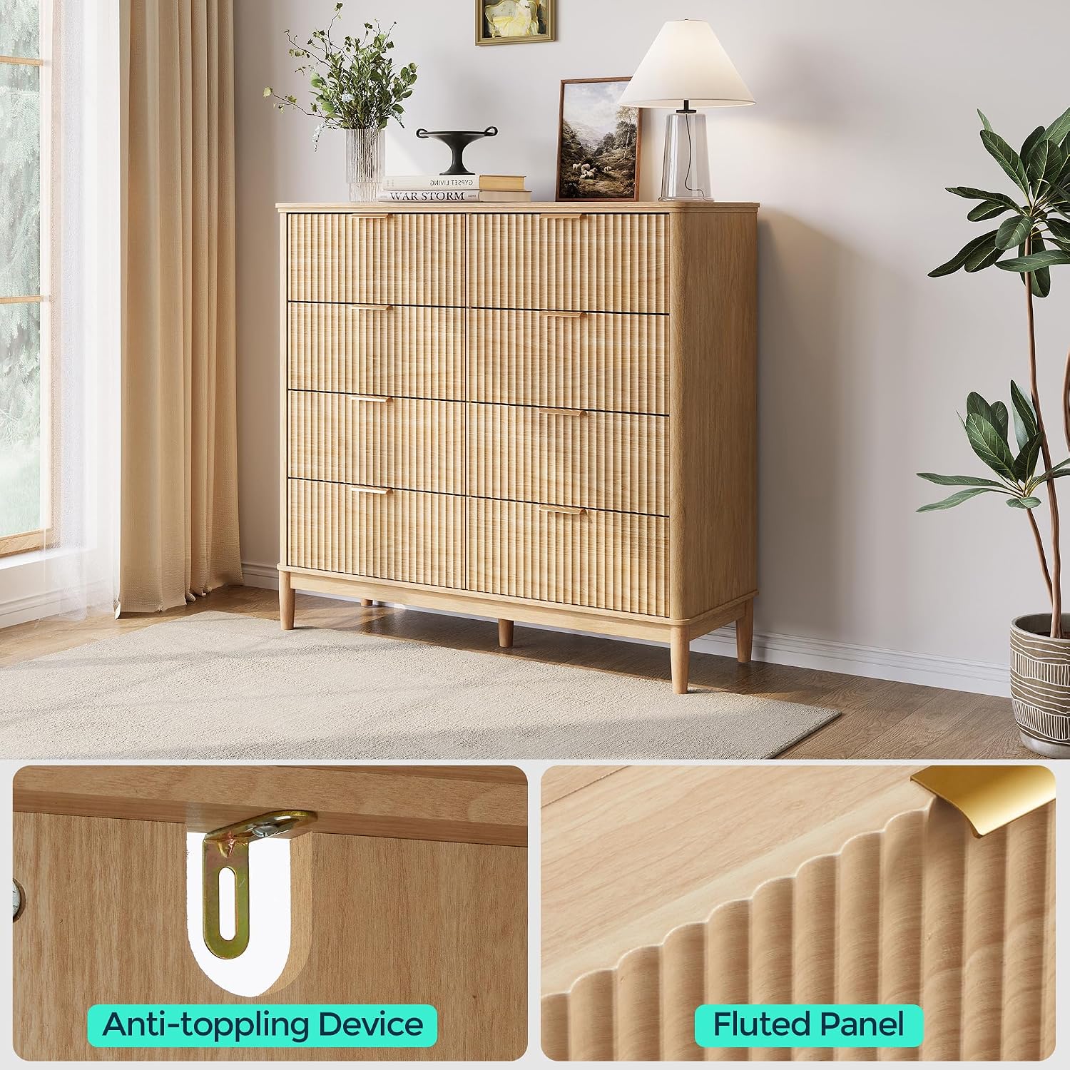 LINSY Fluted Dresser for Bedroom with 8 Drawers, Mid Century Modern Chest of Drawers with Gold Metal Handles, Wide Boho Wood Dressers, Large Farmhouse Storage Cabinet for Bedroom, Living Room, Oak