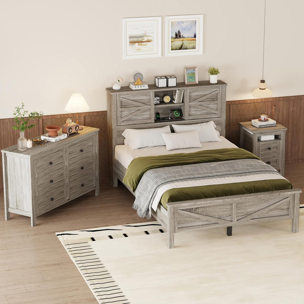 LUMISOL 3-Pieces Farmhouse Bedroom Sets, Full Size Platform Bed with Storage Headboard, Charging Stations, Storage Nightstand and Dresser, 3 Piece Bedroom Furniture Set Full Size, Gray