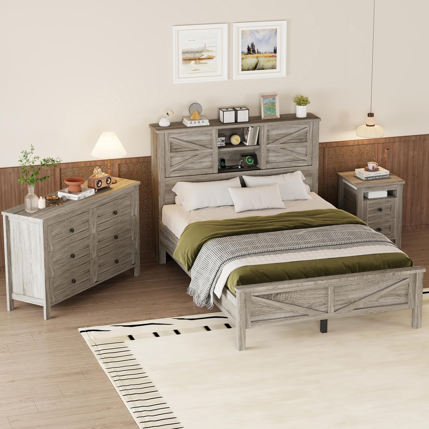 LUMISOL 3-Pieces Farmhouse Bedroom Sets, Full Size Platform Bed with Storage Headboard, Charging Stations, Storage Nightstand and Dresser, 3 Piece Bedroom Furniture Set Full Size, Gray