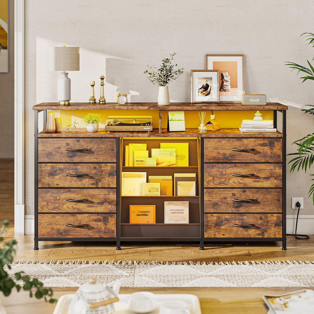 EnHomee 55 ' W Dresser for Bedroom with Bookrack & 8 Fabric Drawers, Dresser TV Stand with Power Outlet & LED Lights for 65 Inch TV, Chest of Drawers for Cabinet, Entryway,Rustic Brown