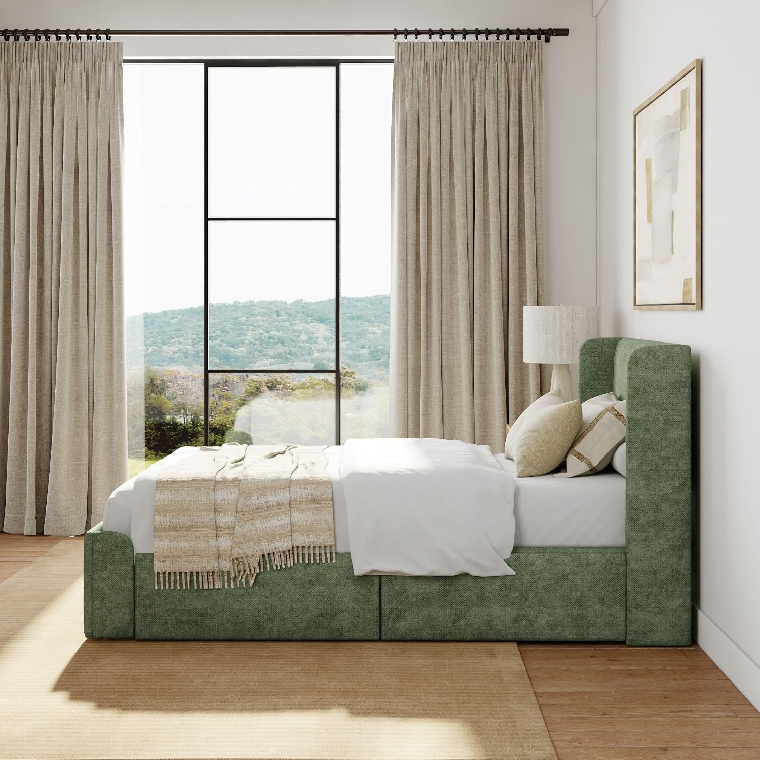 Plank+Beam Upholstered Twin Bed Frame with Rectangular Headboard and Two Storage Drawers, Upholstered Platform Bed, No Box Spring Needed, Easy Assembly, Green