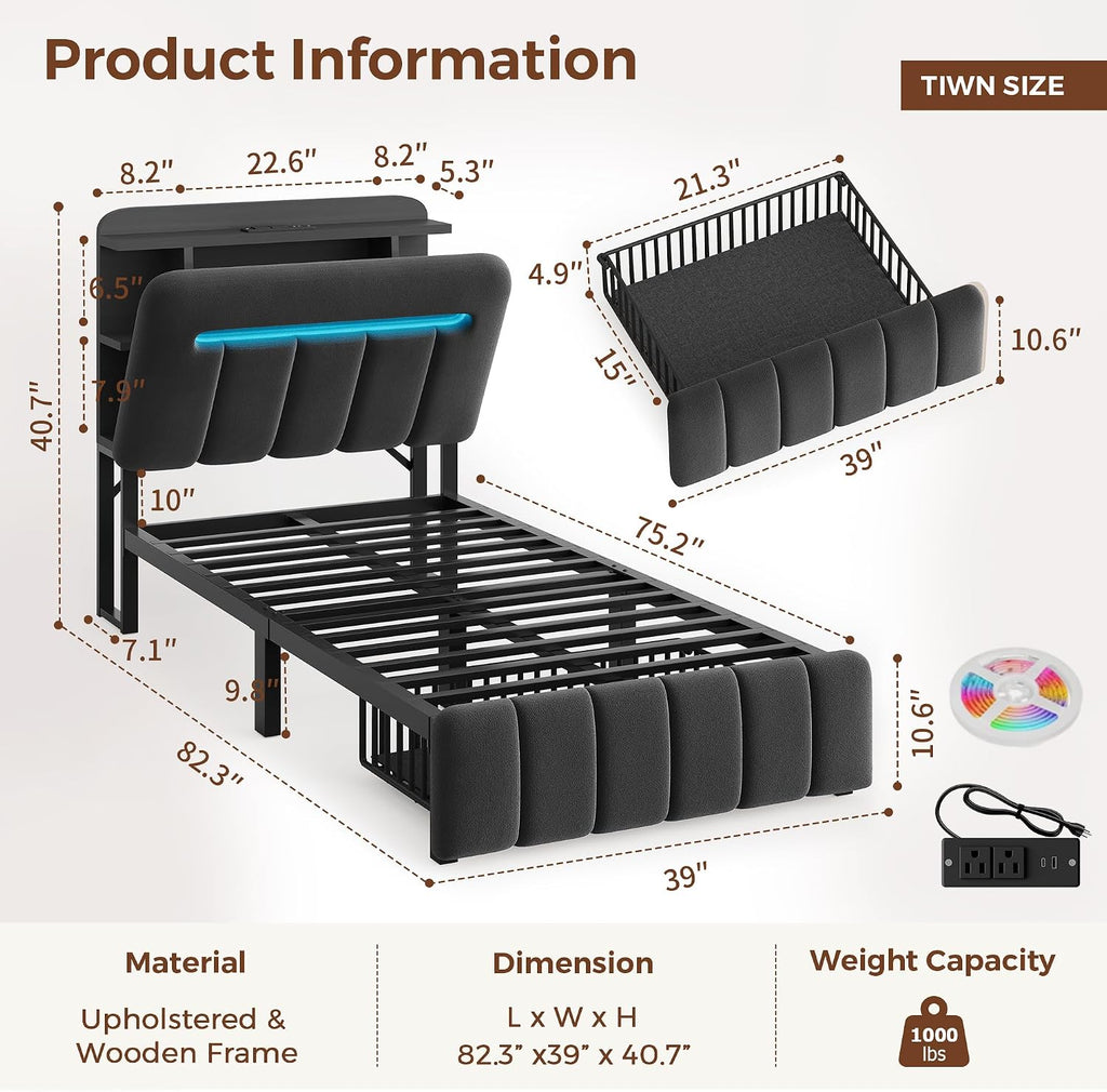 Twin Bed Frames with Storage Headboard for Kids/Boys, Upholstered Black Bed Frame Twin Size with Storage Drawers and Charging Station,Velvet Platform Metal Bed, Noise-Free, No Box Spring Needed